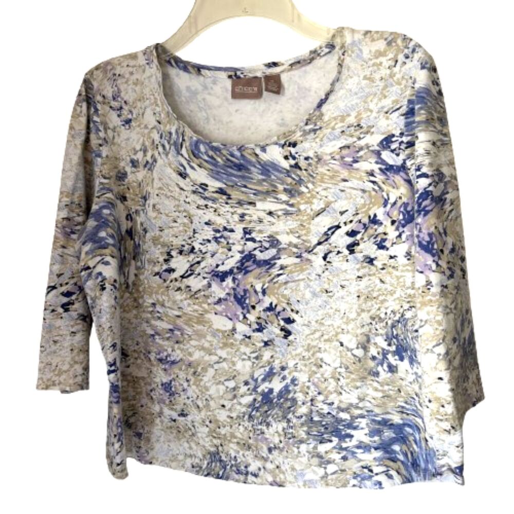 Chico's Size 2 Abstract Knit Top 3/4 Sleeve Scoop Neck Stretch Knit Top #5
